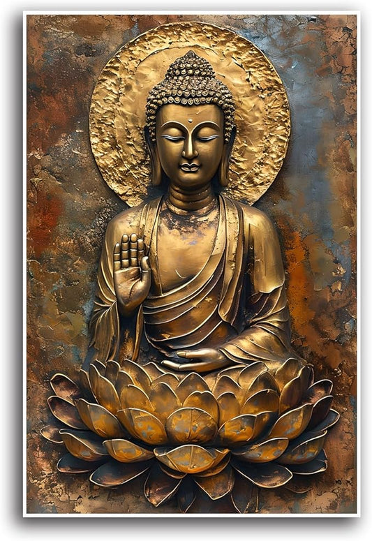 Buddha Wall Art Golden Buddha in Lotus Seat Serene spiritual statue radiant aura Meditation and mindfulness wall art suitable for sacred spaces 20x30in Frameless
