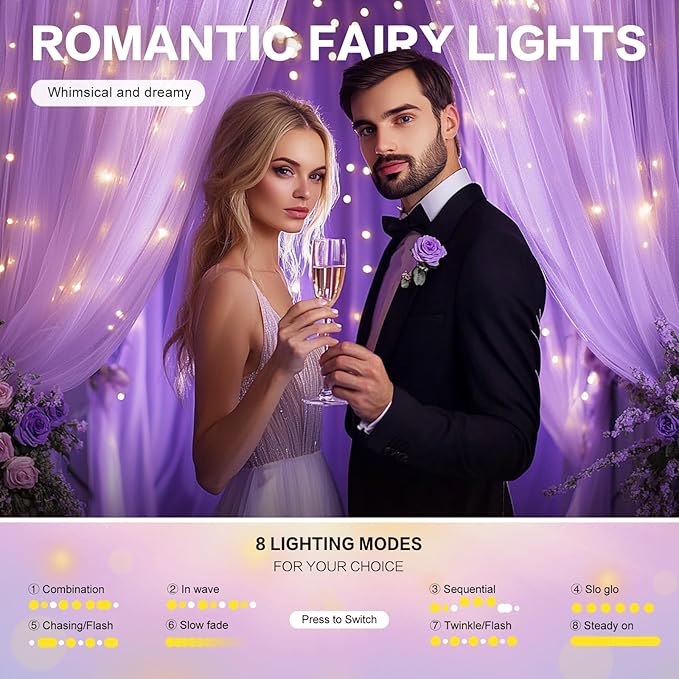 Tulle Curtain Backdrop with 300 LED Fairy Lights for Parites Wrinkle-Free Sheer Curtain Drapes Photo Back Drop for Wedding Baby Shower Bridal Shower Birthday Home Décor - 10ft×10ft, Lavender