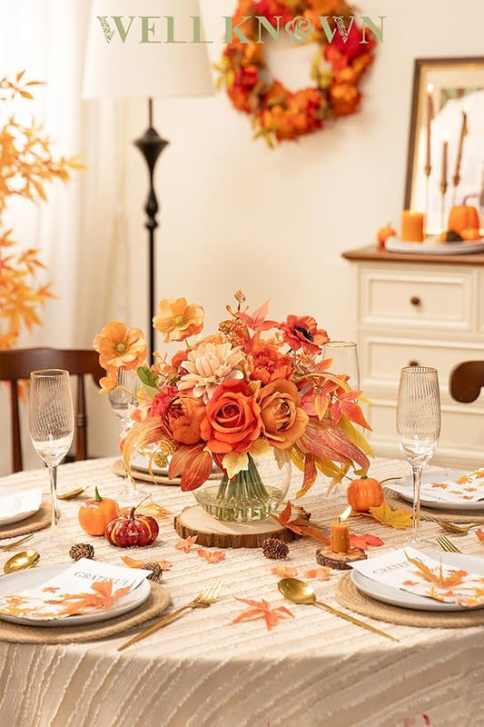 Artificial Flowers in Vase, Silk Rose Peony Dahlia Flower Bouquet Table Centerpieces with Faux Water for Winter Home Decor Fake Flowers Arrangement for Wedding Birthday Party Decor (Orange & Earth)