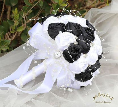 Bridal Wedding Bouquet Round Bling Brooch Bouquet Throw Toss Artificial Rose Flower Bunch for Bride Bridesmaid Wedding Quinceanera(White & Black, 6.3")