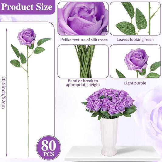 80 Pcs Roses Artificial Flowers, Silk Light Purple Artificial Flowers Petals Long Stem Roses for Wedding Bouquet Home Party Decor