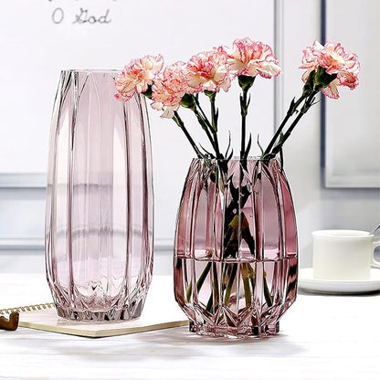 Pink Glass Vase Modern Ribbed Vase for Flowers, Candles, and Decorative Accents - Tall/Short Vases for Centerpieces Home Table Decor(Purple Pink H8.0inch)