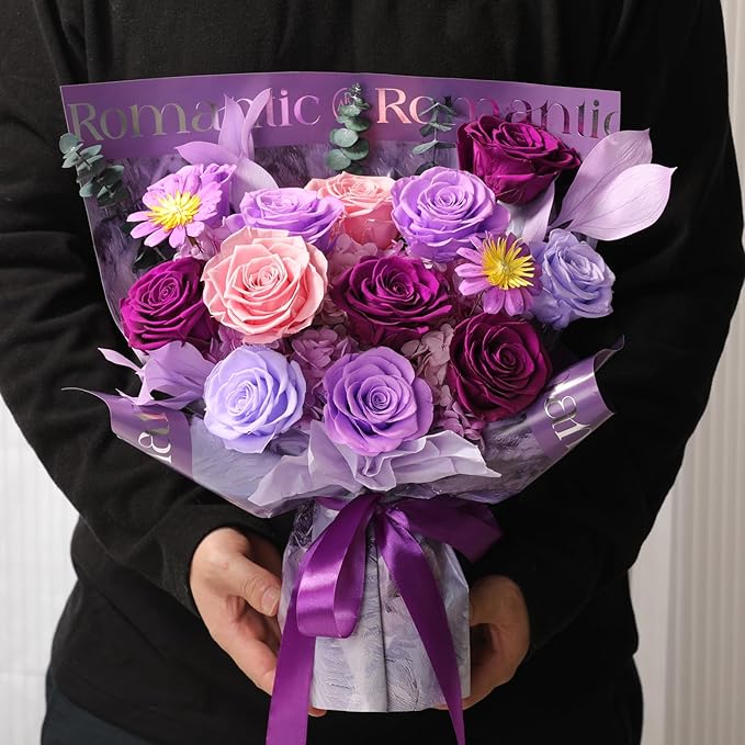 Flowers for Delivery Birthday Flowers Gift for Her,Preserved Flowers Bouquet 12 Roses Mixed Bouquet,Rose Gifts for Women Mom Grandma(Mixed 12 Lilac Roses)