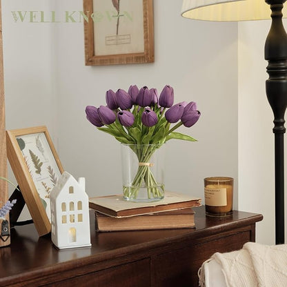 WELL KNOWN 20 Pcs Tulips Artificial Flowers in Vase, Real Touch Upgrate Purple Tulips Fake Flowers with Vase Flower Arrangements Artificial Centerpiece for Dining Room Table