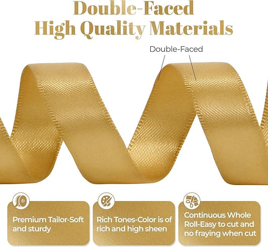 Light Gold Satin Ribbon, Double Faced 5/8 Inch X 50 Yards Light Gold Ribbon, Premium Satin Ribbon for Gift Wrapping, Crafts, Hair Bow Making, Sewing, Flower Bouquet, Wedding Party Decor