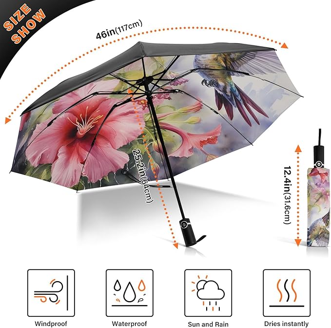 Automatic Folding Umbrella Windproof Strong, UV Protection Compact Floral Hydrangea Hummingbird Sun Rain Sun Rain Travel Umbrellas for Women Men