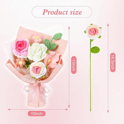 Crochet Flower Bouquet, Pink Rose Handmade Crochet Flowers Knitted Bouquet for Birthday, Wedding, Anniversary, Graduation Gift for Her, Girlfriend, Wife, Women (Pink)