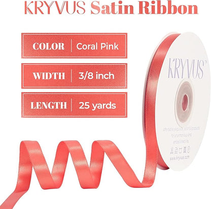 Coral Satin Ribbon, Double Faced 3/8 Inch X 25 Yards Coral Ribbon, for Gift Wrapping, Crafts, Hair Bow Making, Sewing, Flower Bouquet, Wedding Party Decor