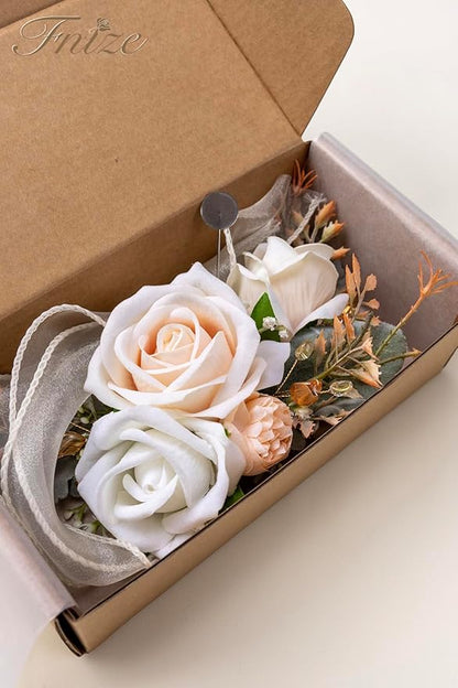 Fnize Champagne Corsage and Boutonniere Set for Bride Groom Bridesmaids Groomsmen Wedding Homecoming Prom Flowers Artificial Rose Boutonniere and Wrist Corsage Flower