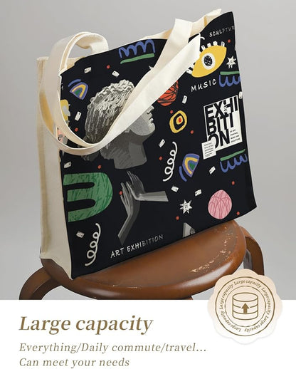 AUSVKAI Canvas Tote Bag Aesthetic for Women, Cute Reusable Bags with Pockets & Snaps for Beach Shopping College Gym Grocery