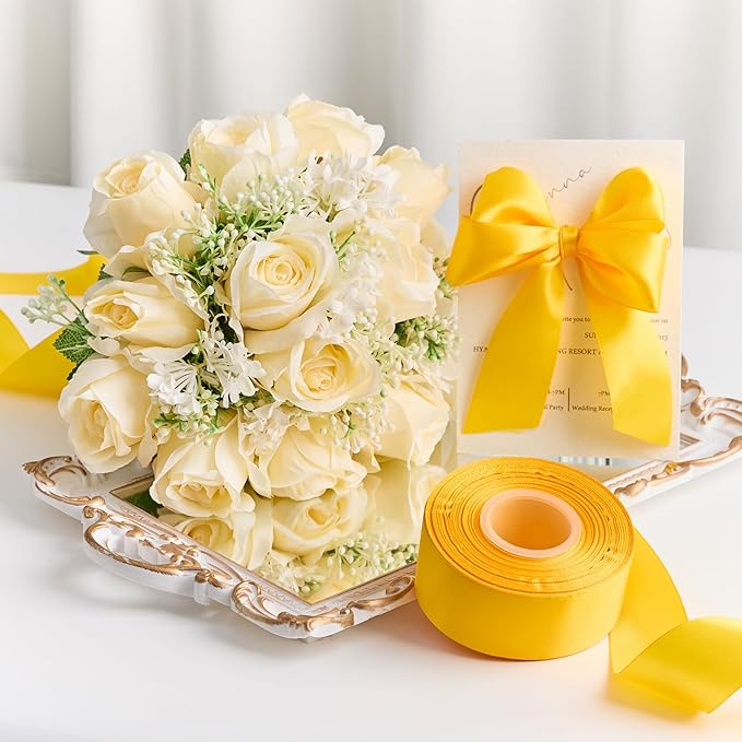 1-1/2 Inches 100 Yards Yellow Satin Ribbon, Solid Fabric Ribbon Roll for Flower Bouquets, Gift Wrapping, Wedding, Handmade Crafts