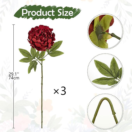 Briful 3PCS Red Peony Artificial Flower Stems 29.1in Long Stem Fake Peonies Silk Floral Arrangement Real Touch Peony Flower for Christmas Home Vase Party Wedding Bouquet Decor