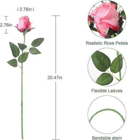 12Pcs Realistic Fake Dark Pink Roses Faux Flowers with Long Stems, Artificial Silk Rose Flowers for Valentines Day Home Wedding Decor Bridal Bouquet