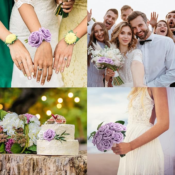 JOYLEX Artificial Flowers Realistic Roses, 100pcs Real Looking Fake Roses with Stem for DIY Wedding Bouquets Centerpieces Bridal Shower Party Home Romantic Decorations (Light Purple)