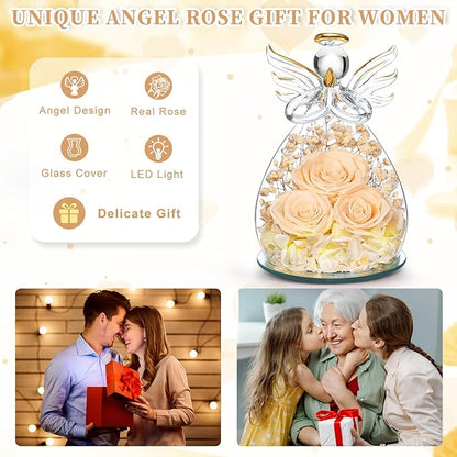 Beferr Christmas Birthday Gifts for Women, Mom Gifts for Christmas Fresh Flowers for Delivery Prime Forever Preserved Rose in Glass Angel Figurine Xmas Gifts for Grandma Wife Sister Her, Champagne