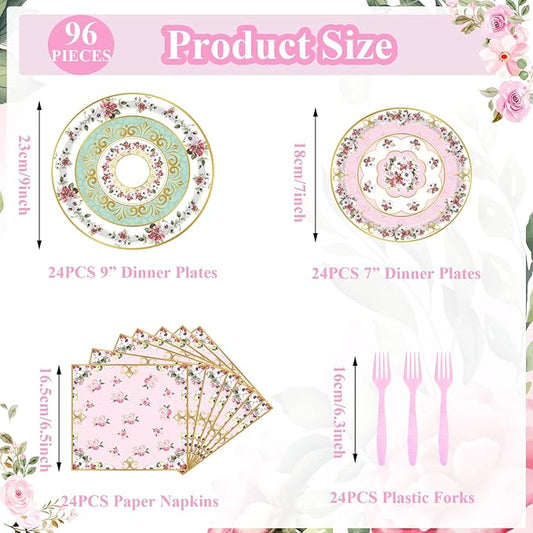 96pcs Floral Party Supplies Flower Paper Plates and Napkins Tableware Set for 24 Guest Floral Party Disposable Paper Dinner Plates Napkins Forks for Birthday Bridal Shower Tea Party Supplies
