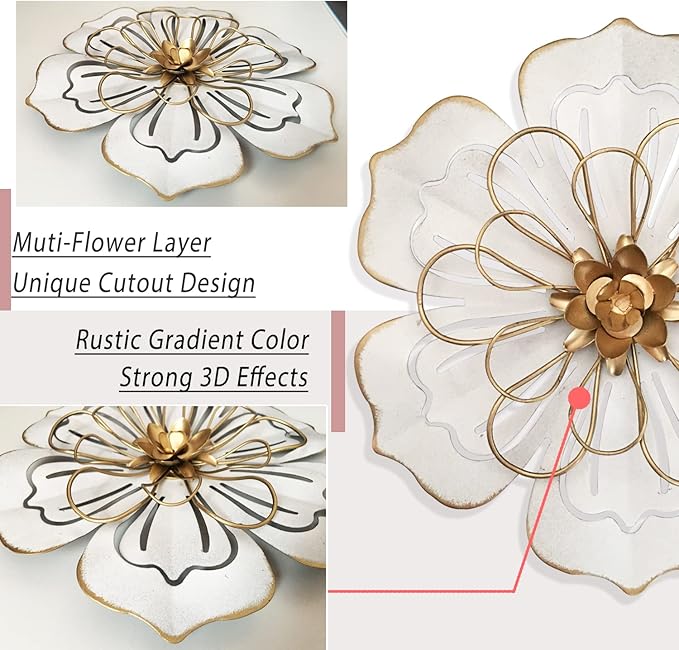 Metal Flower Wall Art Decor, 8.3" Rustic Modern Floral Sculpture, Distressed Iron Wall Hanging Home Decoration Accent Artworks for Indoor Kitchen Bedroom Living Room Office Outdoor Garden Patio - 06
