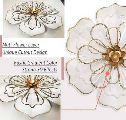 Metal Flower Wall Art Decor, 8.3" Rustic Modern Floral Sculpture, Distressed Iron Wall Hanging Home Decoration Accent Artworks for Indoor Kitchen Bedroom Living Room Office Outdoor Garden Patio - 06