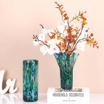 7.8" Tall Teal Vase Hand Blown Glass Vase Green, Modern Teal Home Centerpieces Wide Mouth Vases for Bud&Flower Decor - Ideal Living Room, Kitchen, Wedding, Dining Table, Office Center Table