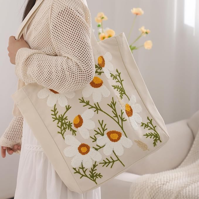Aesthetic Embroidery Tote Bag for Lady Cute Reusable Canvas Shoulder Bag for Girls Women Shopping Grocery