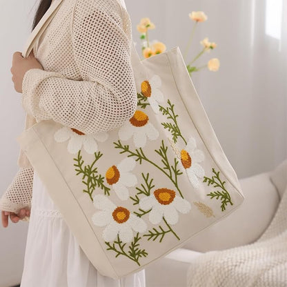 Aesthetic Embroidery Tote Bag for Lady Cute Reusable Canvas Shoulder Bag for Girls Women Shopping Grocery