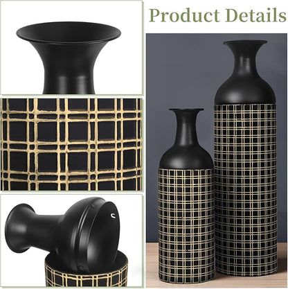 Tall Floor Vase Set of 3, Large Black Metal Vases with Minimalist Gold Lines & Detachable Vase Mouth, Big Modern Decorative Vases for Living Room,Hallway,Dining Room,Office,Kitchen.