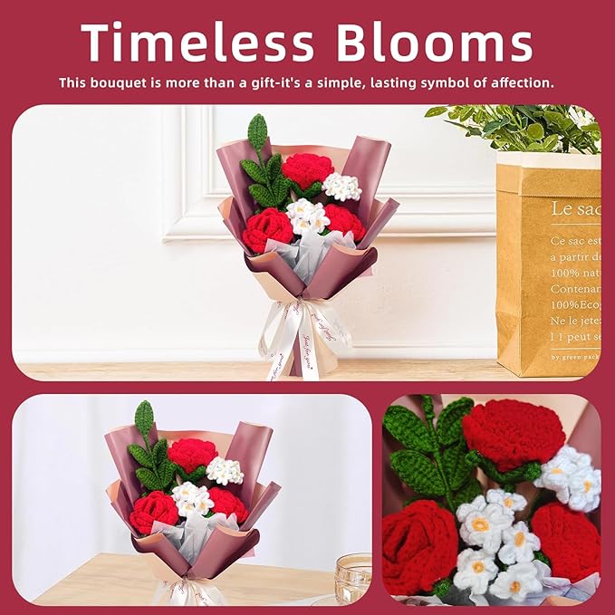 Crochet Rose Flower Bouquet, Red Rose Forget Me Not Knitted Artificial Flowers, Handmade Finished Crochet Bouquet, Gift for Mother Wife Women