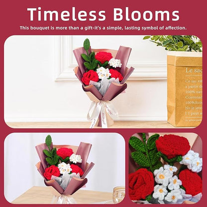 Crochet Rose Flower Bouquet, Red Rose Forget Me Not Knitted Artificial Flowers, Handmade Finished Crochet Bouquet, Gift for Mother Wife Women