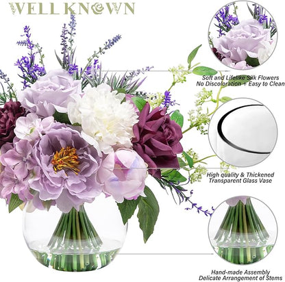 Artificial Flowers in Vase for Home Decor, Fake Lavender & Silk Peony Flower Bouquet Centerpieces in Glass Vase with Fake Water for Party Wedding Dinning Table Office Hotel Decor (Lavender Mixed Plus)
