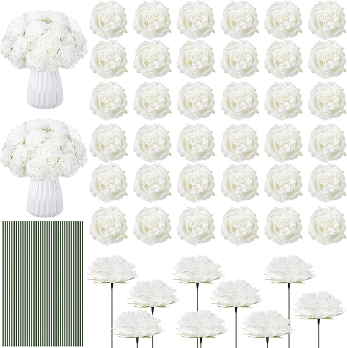 200 Pcs Flowers Long Stem Artificial Rose Bulk, 3.2 Inches Silk Rose Head Flowers Faux for Wedding Bridal Bouquet Independence Day Home Floral DIY Centerpieces Party Decoration(White)