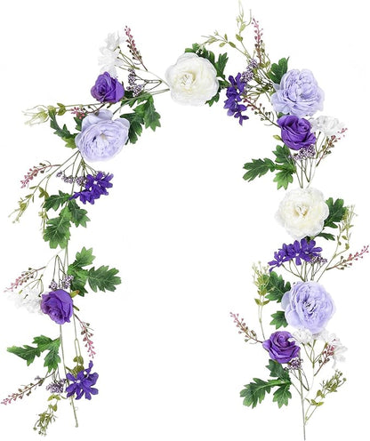 2 Pack Artificial Peony Flower Garland - 6ft Silk Peony Garland Flowers Vine Purple and White Peony Silk Roses Flowers for Wedding Arch Party Table Decoration
