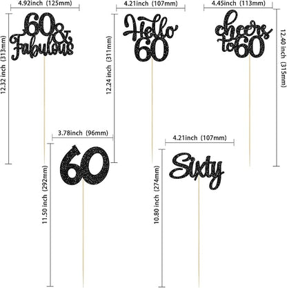 Gyufise 15Pcs 60th Birthday Centerpiece Sticks Sixty Happy 60th Table Flower Centerpieces Sticks Cheers to 60 Floral Decorations for 60th Birthday Party Centerpieces Supplies Black