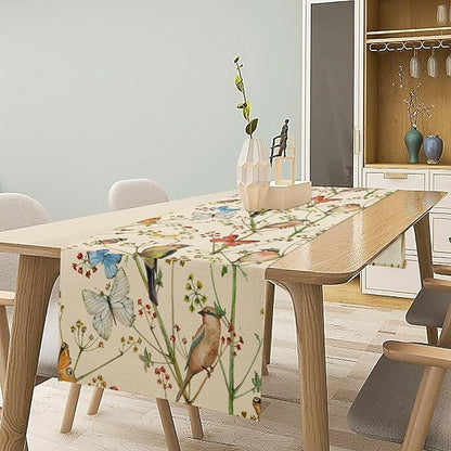 Brown Bird Floral Table Runner Spring Flower Kitchen Table Decoration Suitable for Family Dinner Decoration 13x90 Inch