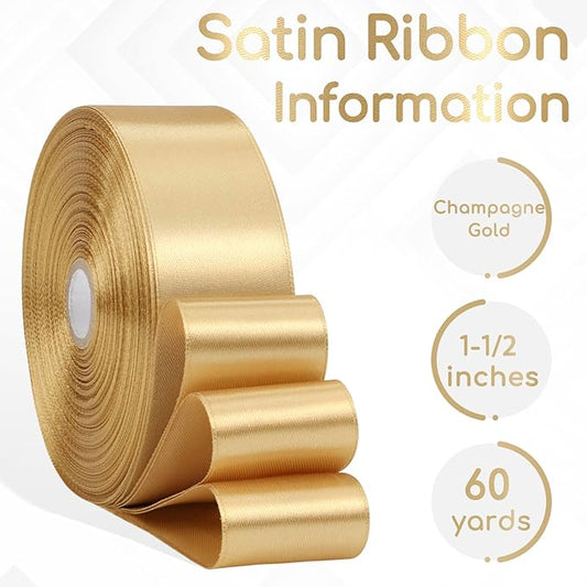 Champagne Gold Ribbon 1-1/2 Inch x 60 Yards, Champagne Gold Satin Ribbon for Crafts, Gift Wrapping, Flower Bouquet, Baby Shower, Birthday, Wedding and Festival Decor