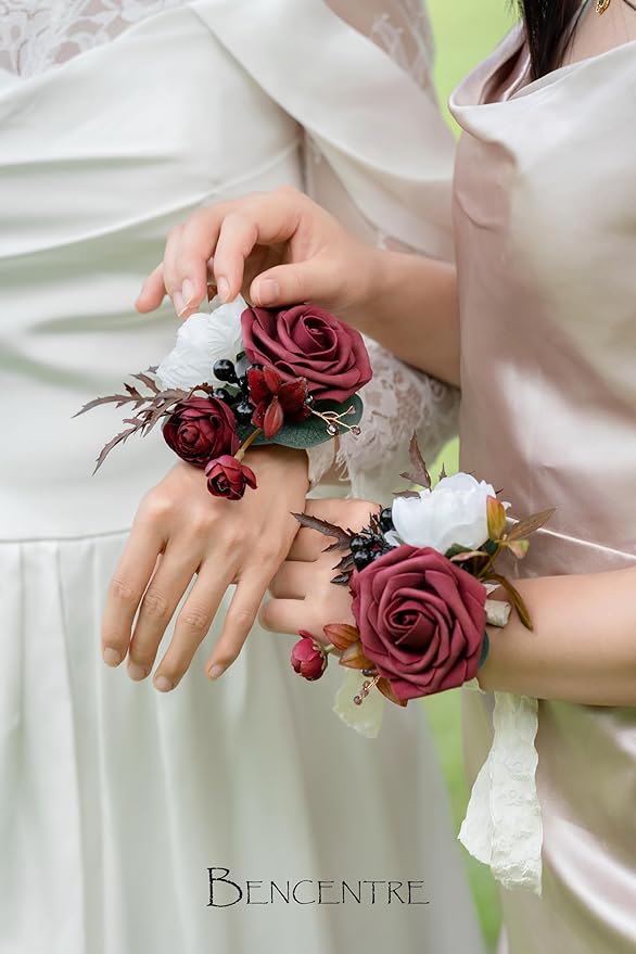Burgundy Corsage for Wedding(Set of 6),Wrist Corsage,Corsage for Prom,Party Prom Hand Flower Decor,Bridesmaid Wrist Corsage,Vintage Wedding,Gothic Wedding,Artificial Flowers