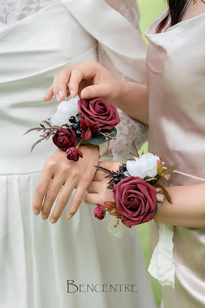 Burgundy Corsage for Wedding(Set of 6),Wrist Corsage,Corsage for Prom,Party Prom Hand Flower Decor,Bridesmaid Wrist Corsage,Vintage Wedding,Gothic Wedding,Artificial Flowers