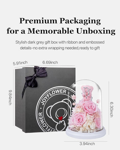 JoyFlower Preserved Flowers with Teddy Bear, Unique Pearl Roses Birthday Gifts for Women, Eternal Flower Rose Bear with Gift Box for Mom Girlfriend Wife on Valentine's, Mother's Day, Anniversary(Pink)