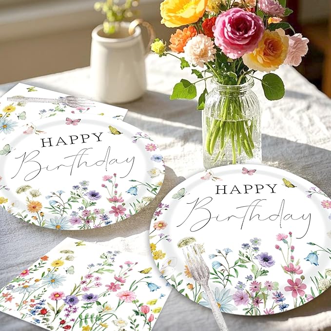 Wildflower Birthday Party Decorations for Girls Women, Banner Centerpieces Cupcake Toppers Tablecloth, Spring Floral Paper Plates Napkins Cups Forks Straws Supplies Serve 20