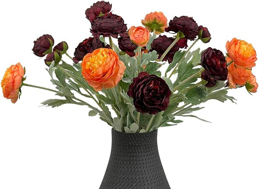 7pcs Silk Peonies Artificial Flowers, Faux Orange and Burgundy Peonies Mixed for Vase, Fake Flower Stems Arrangement for Home Kithcen Dining Table Centerpieces, Farmhouse Office Decoration