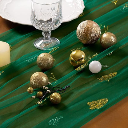 Socomi Christmas Tree Table Runner Gold Gauze Sheer Chiffon Cheesecloth Sequin 10FT Glitter Metallic Foil Dining Wedding Birthday Party Winter Holiday Centerpiece Table Decor Emerald Green