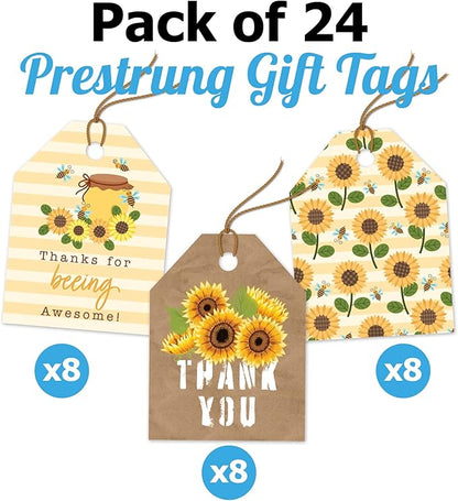 Pro Supply Global Strung Sunflowers Theme Gift Tags - 2.5x3 Inch 24 Pack - 3 Design Styles Assorted Cardstock Prints Pre-Strung Hanging Labels Suitable for Wrapping Favors DIY Presents Packaging Bags.