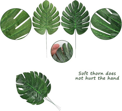 CCINEE 24PCS Green Artificial Palm Leaves, Faux Monstera Leaves Simulation Safari Leaves with Stems for Home Hawaiian Luau Party Jungle Beach Theme Party Decoration