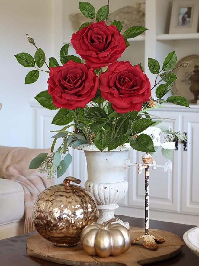 Hollyone 3Pcs Red Roses Artificial Flowers Bouquets 26.3" Fake Flower Arrangements Silk Flowers Rose with Long Stem Floral Branch Faux Roses Flowers DIY Wedding Party Table Centerpieces Home Decor