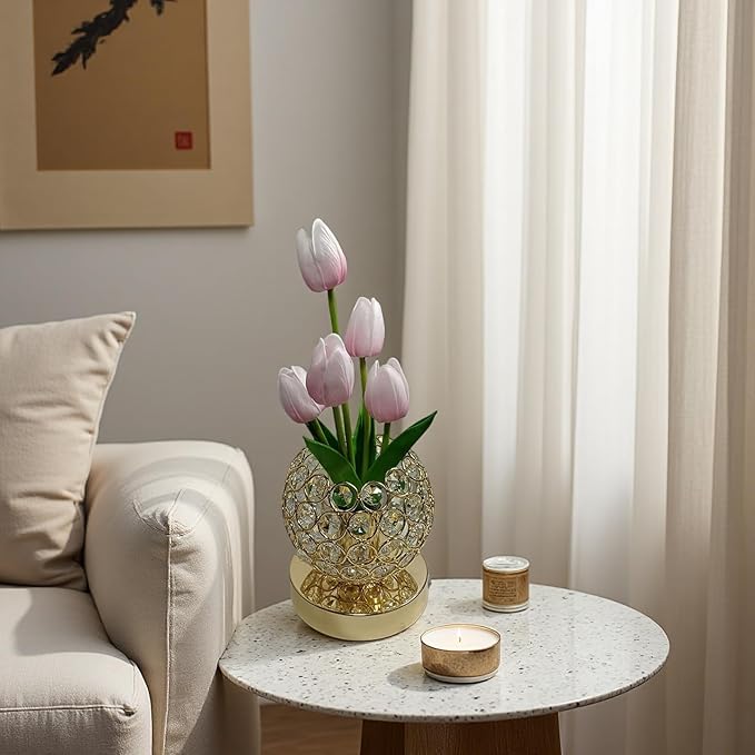 Cordless Tulip Flower Lamps, 3 Colors Touch Stepless Dimming Crystal Night Light, Rechargeable Artificial LED Flower with Vase Lamp Romantic Decor for Mothers Day,Xmas,Birthday (OG)