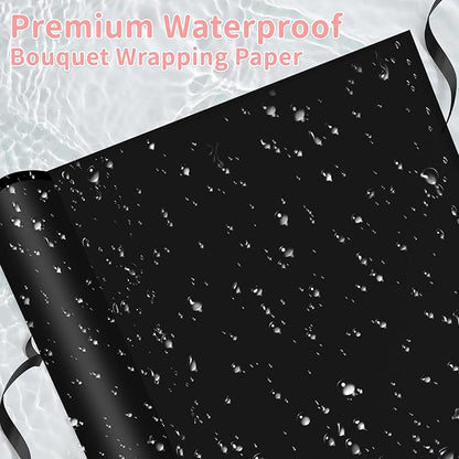 52Pcs Flower Bouquet Wrapping Paper Accessories Kit, 20 Sheets Black Waterproof Floral Wrapping Paper, 12 Gold 12 Pink Butterflies, 5 Cards, 1 Black Ribbon, 1 Letter 1 Rhinestone Sticker (Black Edge)