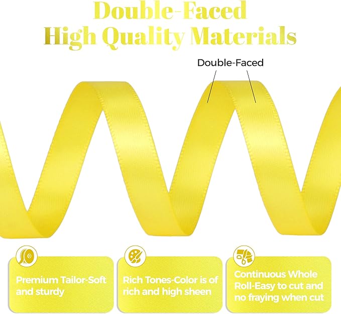 Lemon Yellow Satin Ribbon, Double Faced 3/8 Inch X 50 Yards, Premium Polyester Satin Ribbon for Gift Wrapping, Crafts, Wedding Party Decor