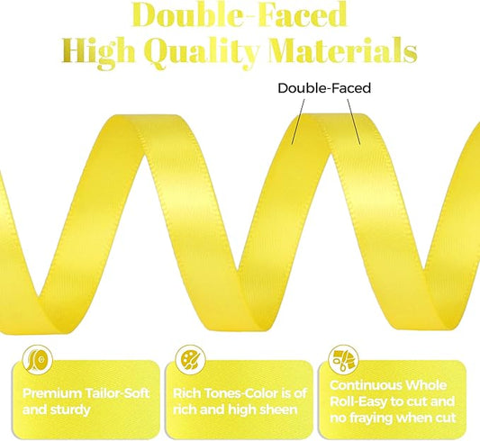 Lemon Yellow Satin Ribbon, Double Faced 3/8 Inch X 25 Yards Lemon Yellow Ribbon, Premium Satin Ribbon for Gift Wrapping, Crafts, Hair Bow Making, Sewing, Flower Bouquet, Wedding Party Decor