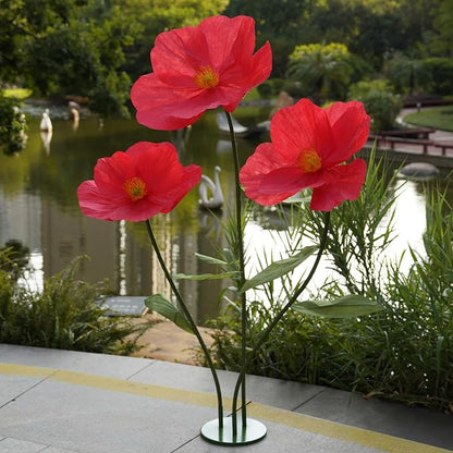 Large Paper Artificial Flowers,Giant Flowers for Decoration,Huge Handcrafted Poppy Fake Flowers with Stand for Home Decor Bridal Shower Party Outdoors Yard Event Backdrop Decor (red)