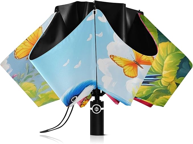 Automatic Folding Umbrella Windproof Strong, UV Protection Compact Floral Hydrangea Hummingbird Sun Rain Sun Rain Travel Umbrellas for Women Men