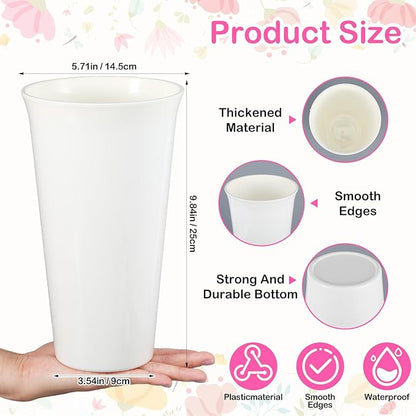 8 Pack Flower Buckets 9.84 Inch Plastic Flower Vases Modern Round Vases for Centerpieces Floral Display Decorative Buckets for Table Home Wedding Decorations (White)